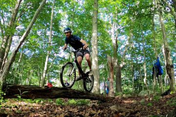Alex rides his trials bike across a skinny log