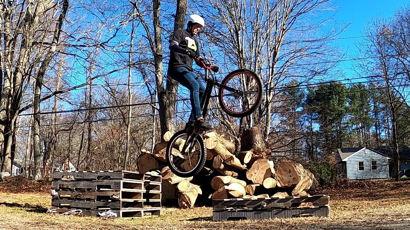 Tim does a drop gap between two pallet stacks