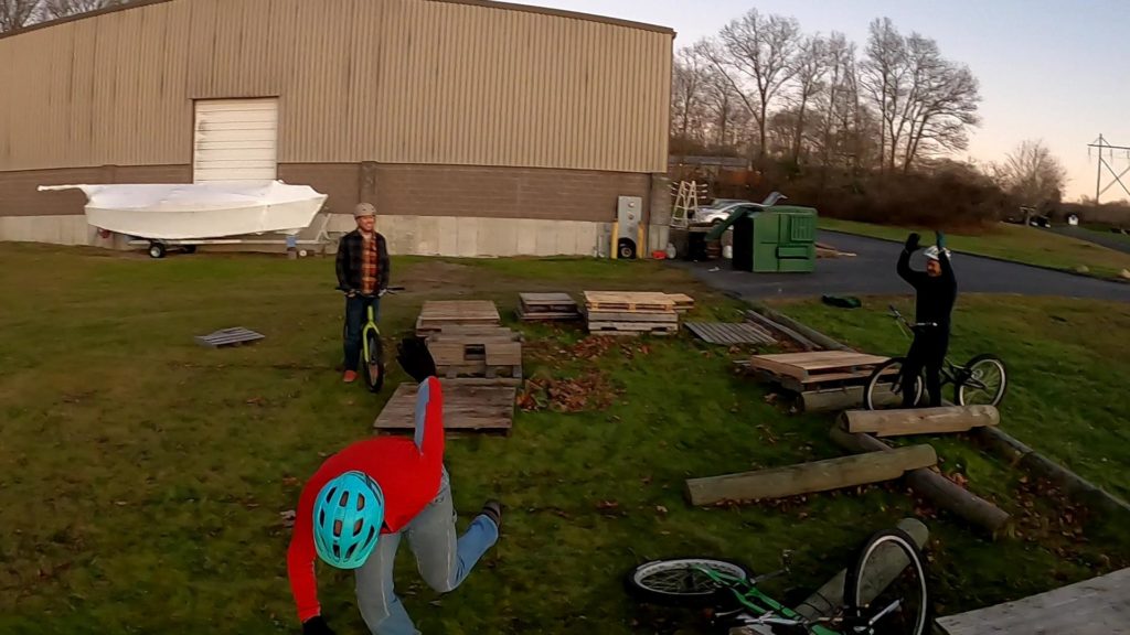 Jim stumbles away from a crash on his trials bike