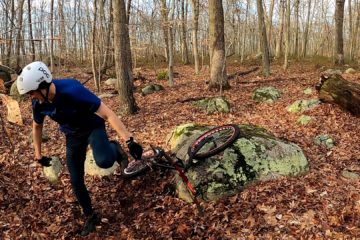 Bailing out after slipping on a rock with trials bike