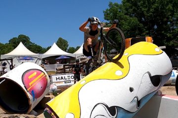 Sean Farrar hops his trials bike onto a concrete pipe