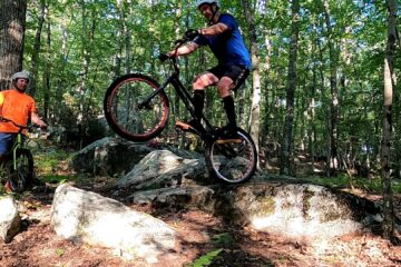 Tim prepares to gap between rocks on his trials bike