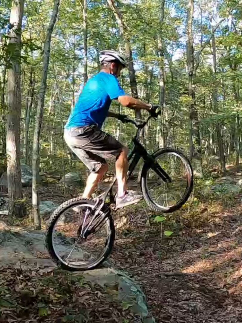 Tony gets ready for a big rear-wheel drop