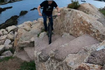Climbing stone stairs on a bike