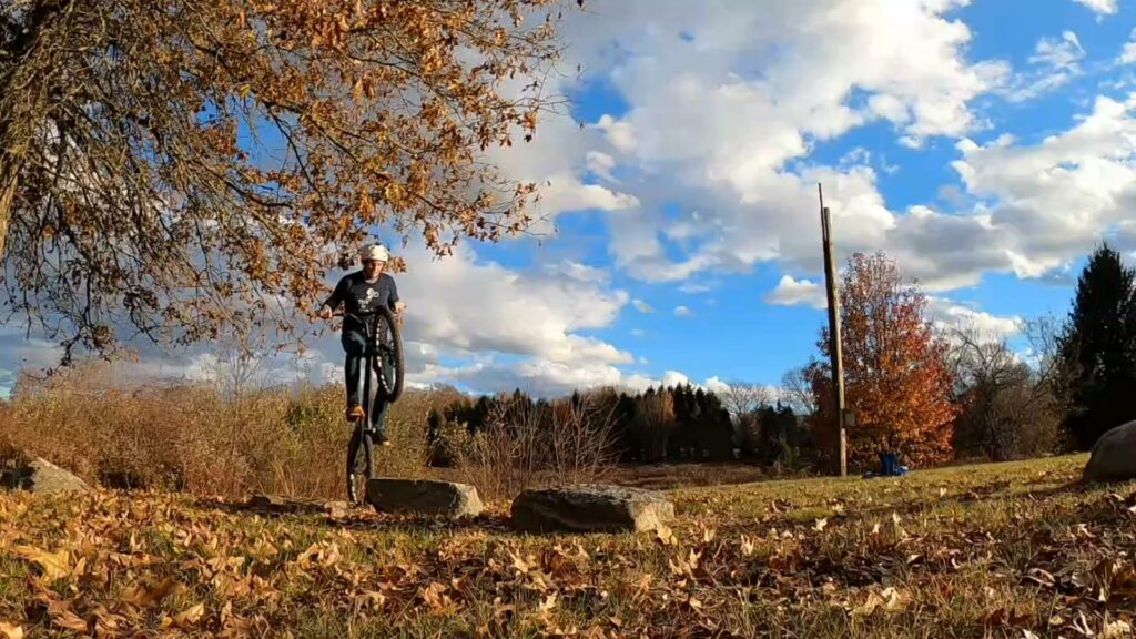 On the rear wheel with my head in the tree branches