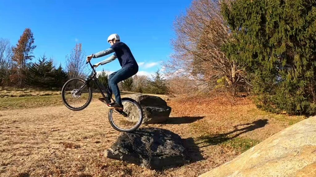 Rear wheel dropping from a slanted rock on my trials bike