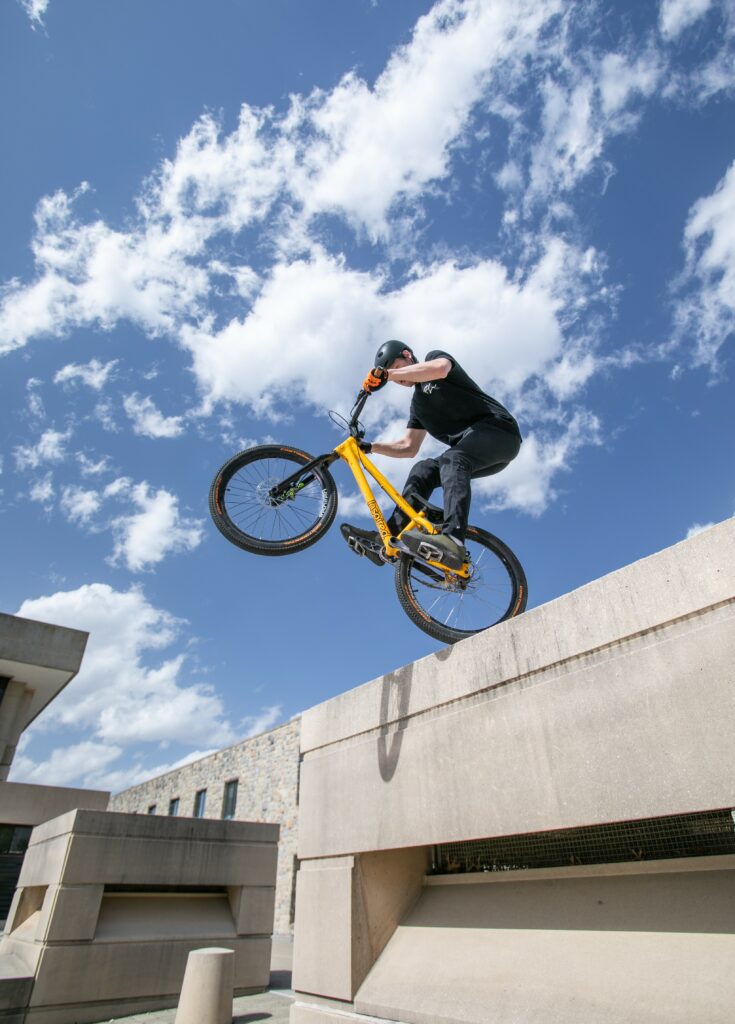 Nathaniel Moore prepares to do a massive rear wheel drop