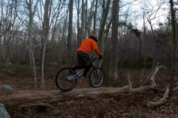 Scott rides his bike across a fallen tree