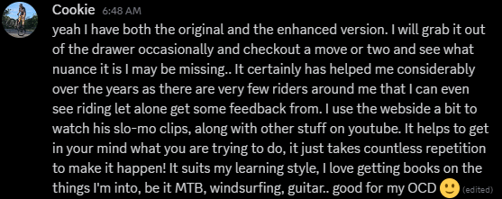 Discord user @Cookie describes his experience in using the book Your Complete Guide To Trials Riding, by Julien Happich