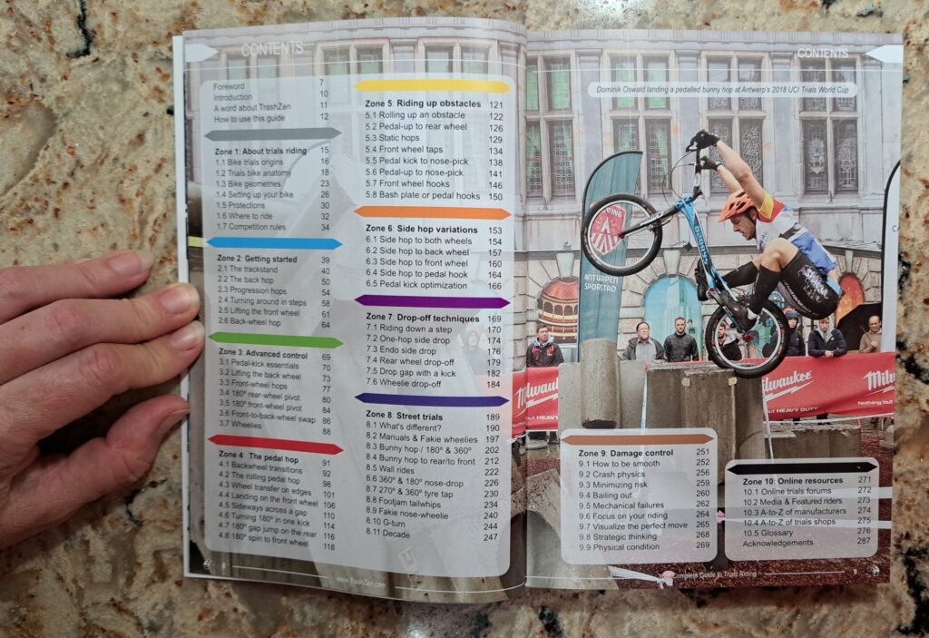 The table of contents in the book Your Complete Guide To Trials Riding - Street Trials Augmented Edition, by Julien Happich
