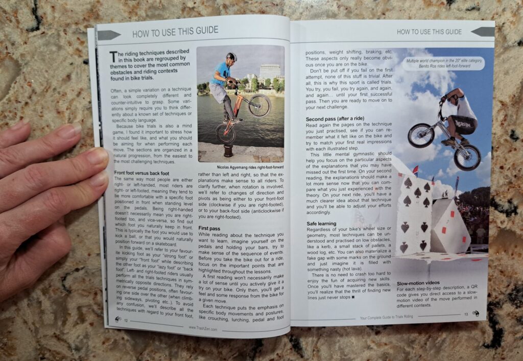 Example pages from the How To Use This Guide section of the book Your Complete Guide To Trials Riding - Street Trials Augmented Edition, by Julien Happich