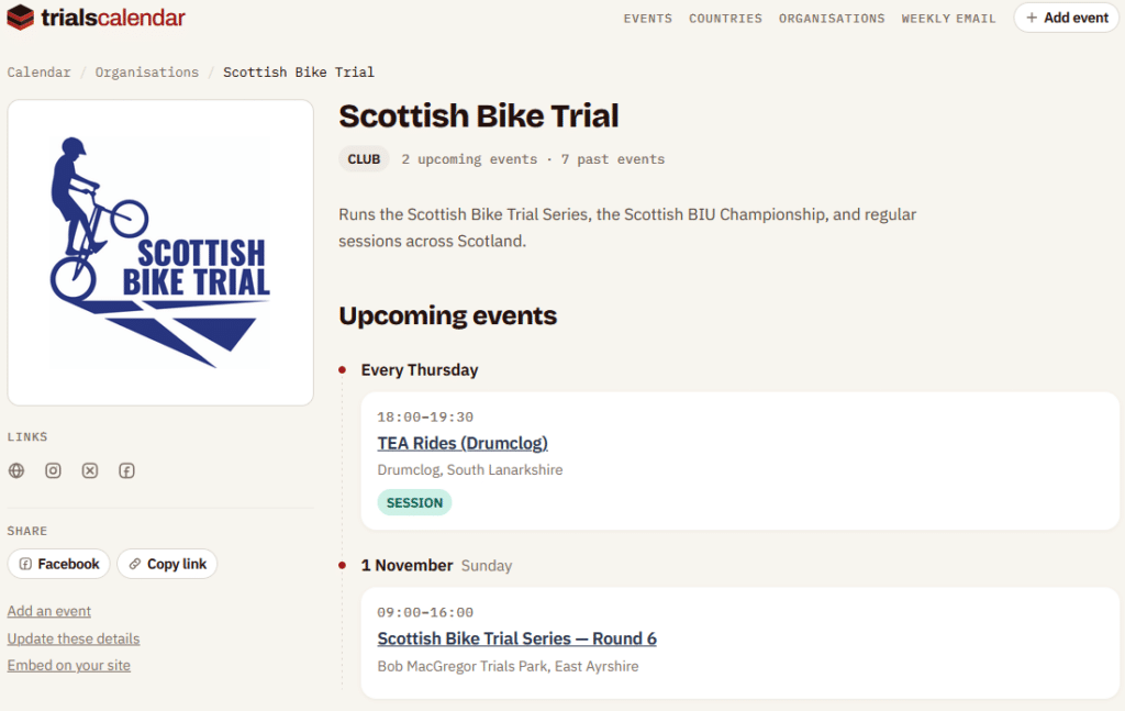 Example of an Organization page on the Trials Calendar website