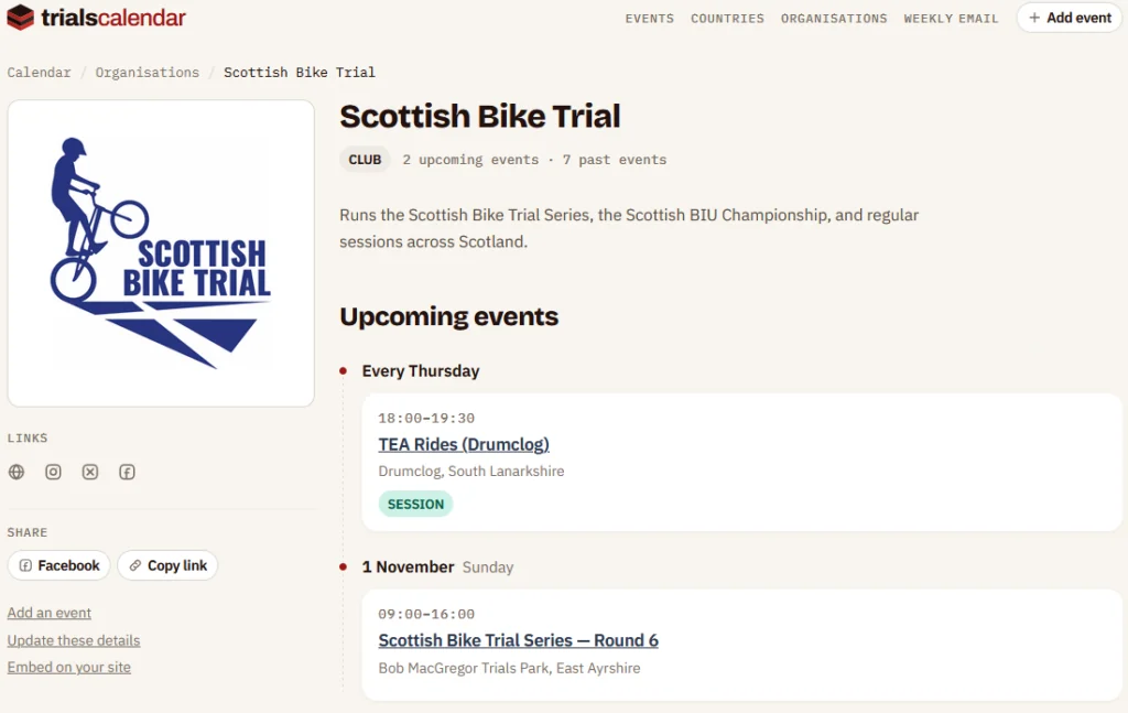 Example of an Organization page on the Trials Calendar website