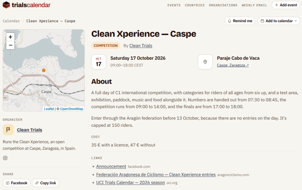 Details for an event displayed on the Trials Calendar website
