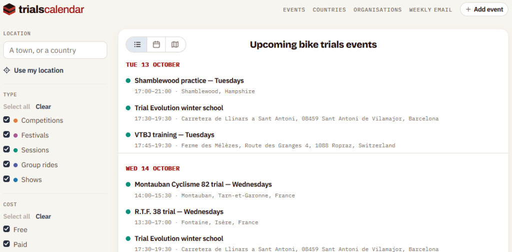 Trials Calendar home page