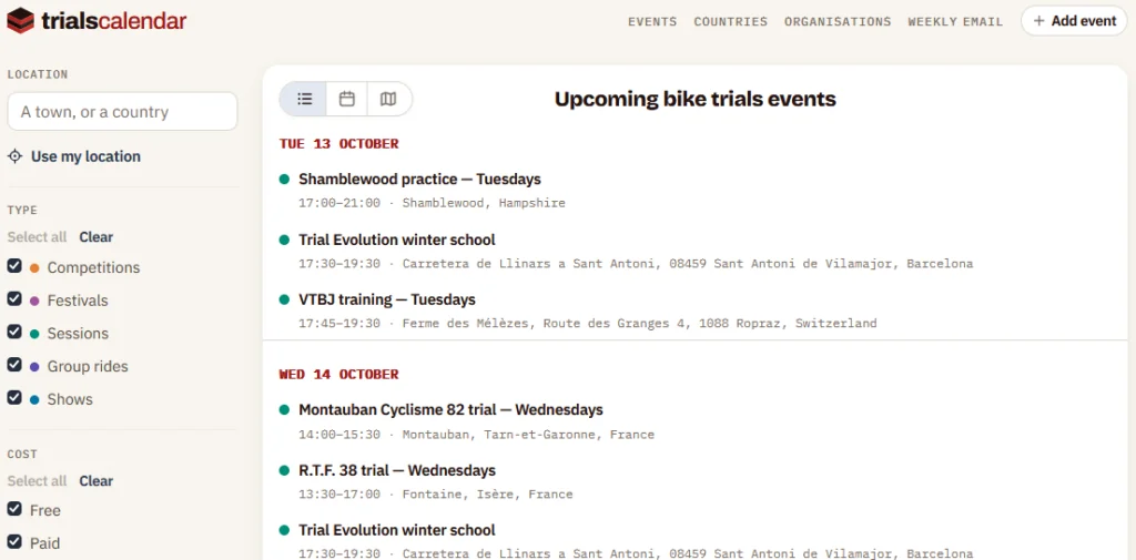 Trials Calendar home page