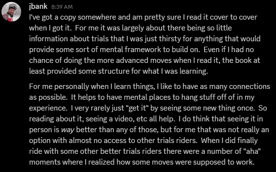 Discord user @jbank describes his experience in using the book Your Complete Guide To Trials Riding, by Julien Happich